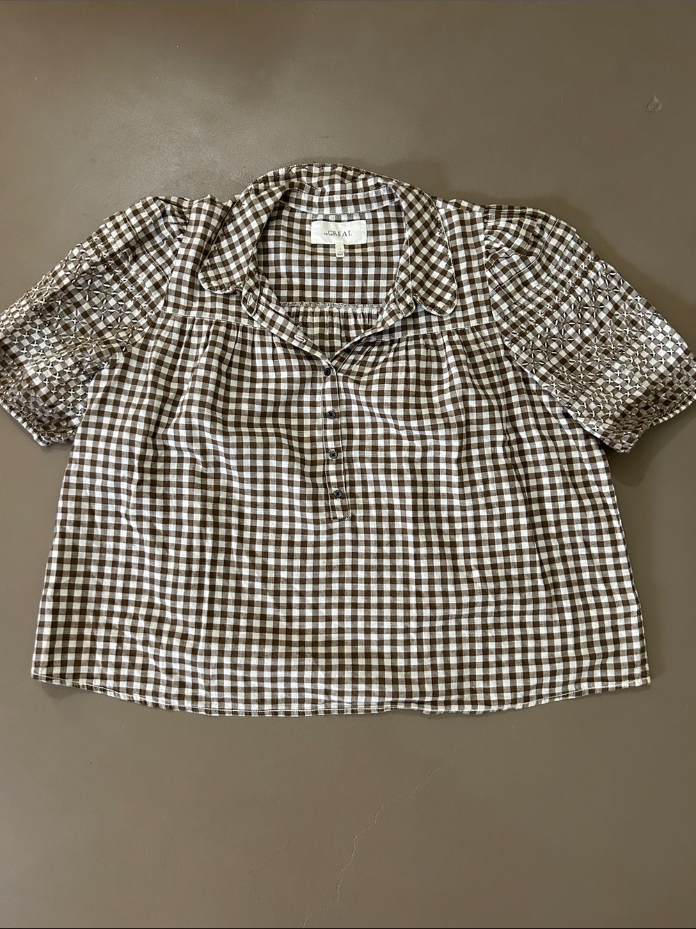 The Great. Gingham khaki brown white checker blouse top shirt 2 M short sleeve